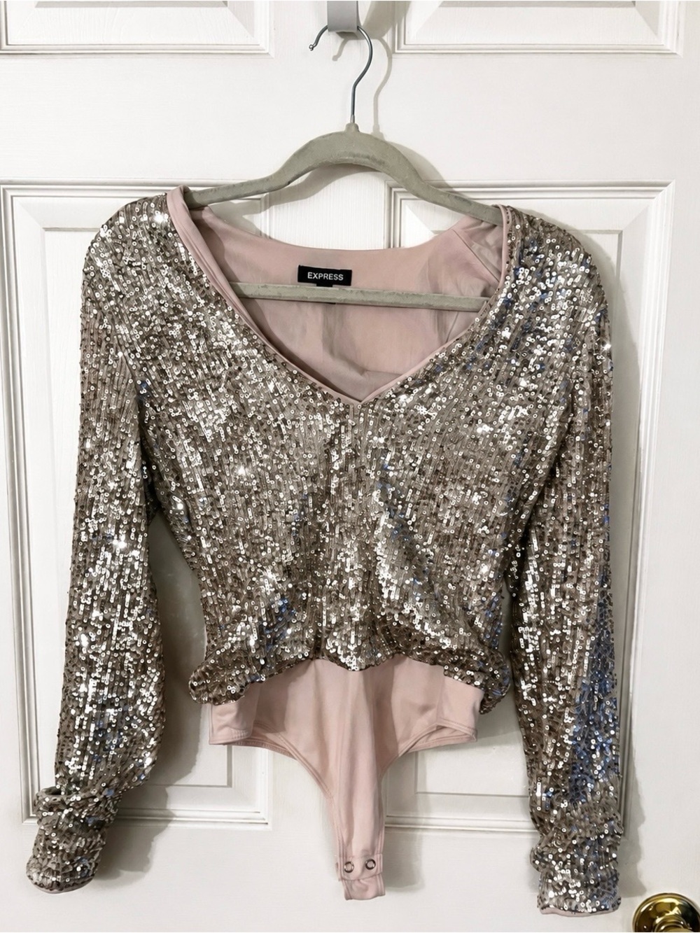 Express Rose Gold Sequin V-Neck Bodysuit Top